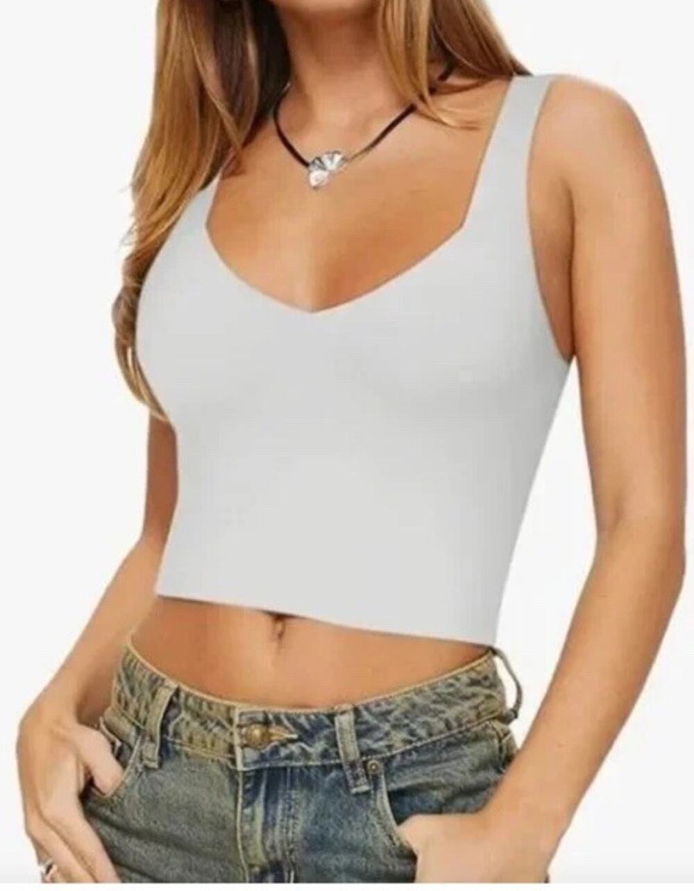 REORIA Women's Summer Sexy Casual V Neck Double Lined Sleeveless Slim Fitted Cam